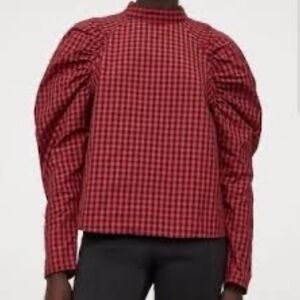 🦄NWT H&M red and black gingham check plaid puff-sleeve blouse, M